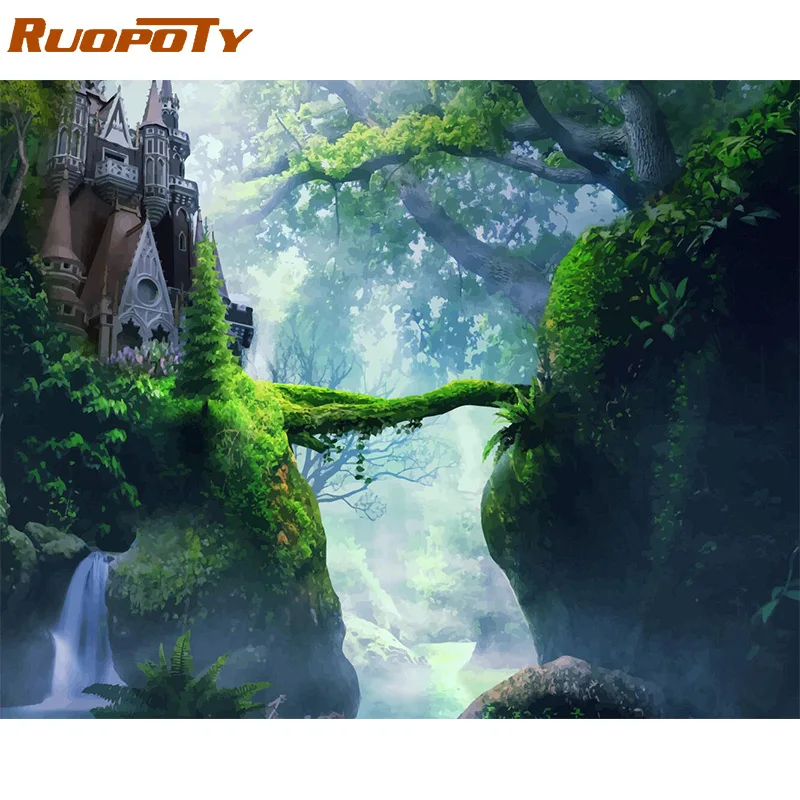 190610-2 RUOPOTY рамка с лесным замком, сделай сам, рисование по номерам, пейзаж, современная настенная художественная картина, картина по номерам для домашнего декора, произведение искусства - Цвет: 190610-2