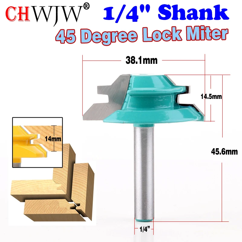 

45 Degree Lock Miter Router Bit 1-1/2" Diameter 1/4" Shank Wood Cutter For Wood Working Drilling
