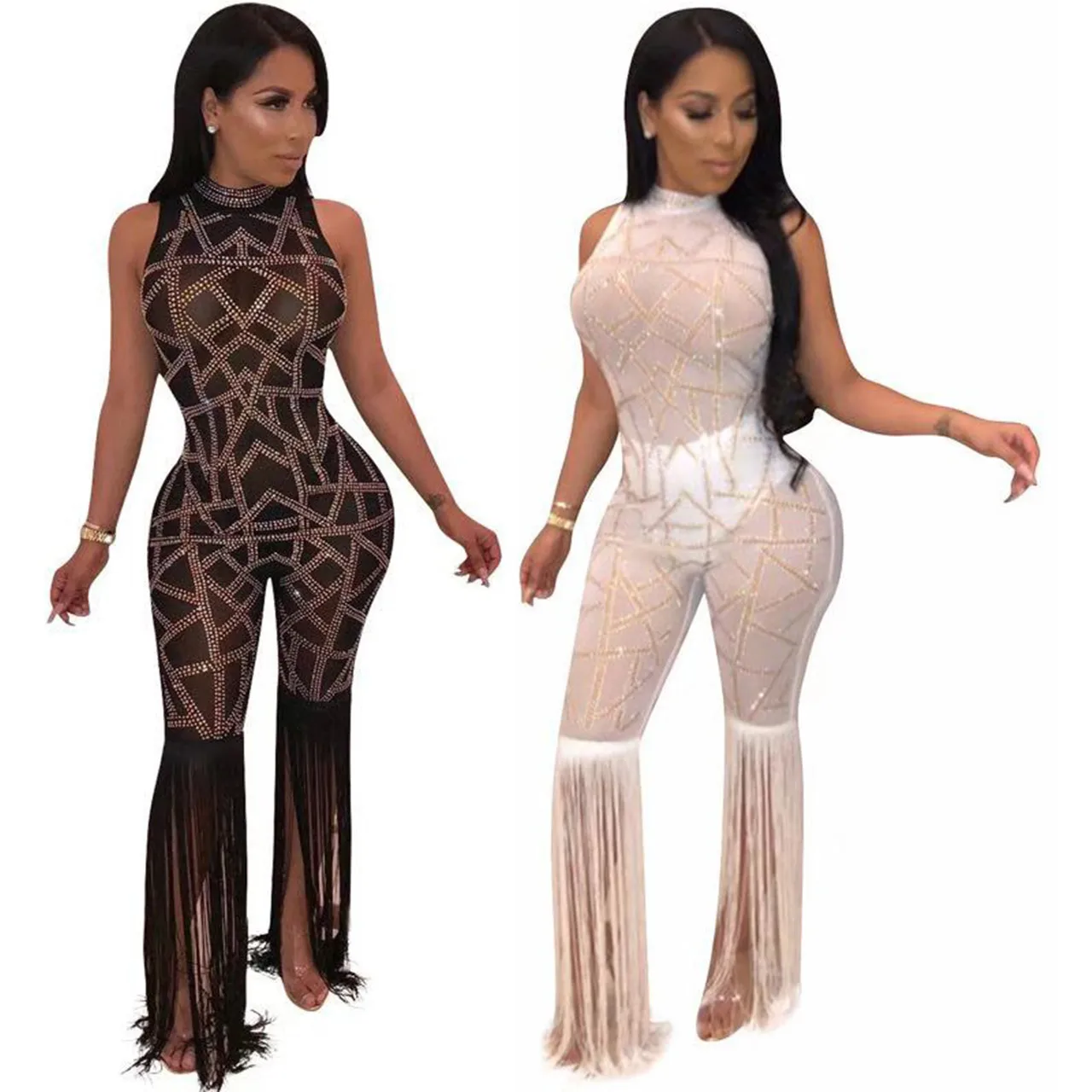 Стразы пикантные вечерние комбинезон женский черный сетки лоскутное See Through Bodycon