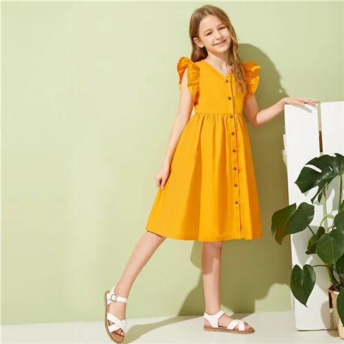 Ginger SHEIN/милое однотонное платье с v-образным вырезом и рюшами на пуговицах спереди для девочек-подростков; коллекция года; летние платья до колена с рукавами-крылышками - Цвет: Ginger