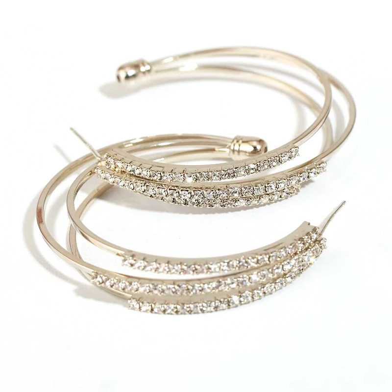 2019 Hyperbole Multilayer Big Round Hoop Earrings Shining Gold Silver Color Rhinestone Earring for Women Girl Wedding Party | Украшения и