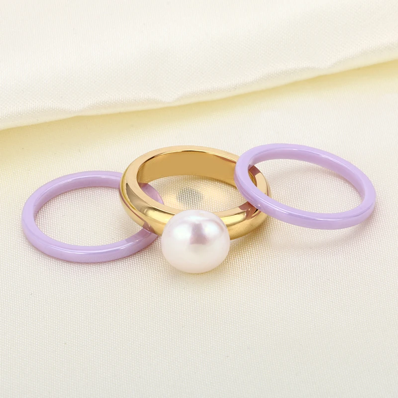 Элегантный Большой Жемчуг Золотое стальное кольцо 3 шт./компл. с 2 фиолетовыми