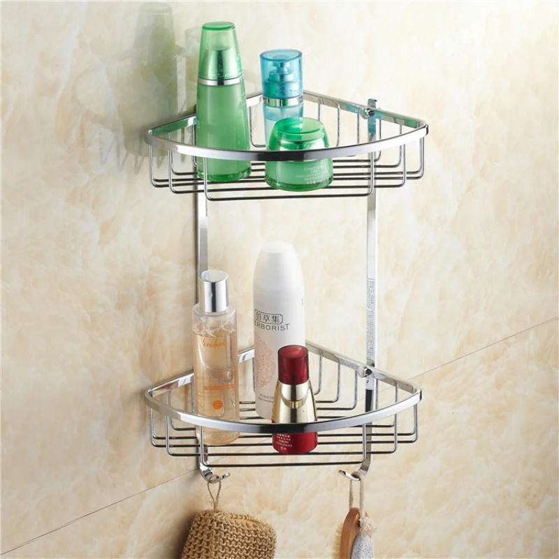 

OWOFAN Bathroom Shelves Chrome Double Layer Wall Mounted Bathroom Soap Basket Shower Shampoo Corner Shelf for Bathroom HJ-118L