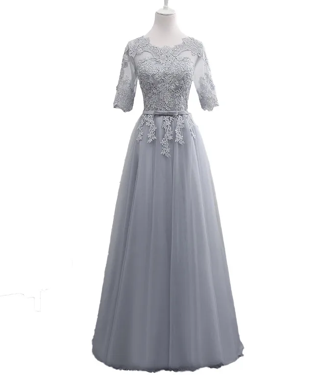 Robe De Soriee светло-голубое платье для подружки невесты длинные кружева иллюзия совок Аппликация длиной до пола элегантные вечерние платья для выпускного вечера невесты - Цвет: grey long