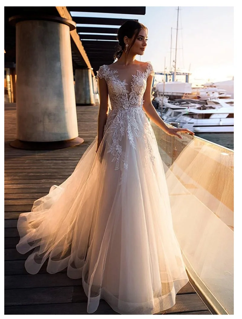 LORIE Boho Wedding Dress 2019 Lace Appliques With Flowers Tulle A-Line Sexy Backless Beach Bride Dress Wedding Gown