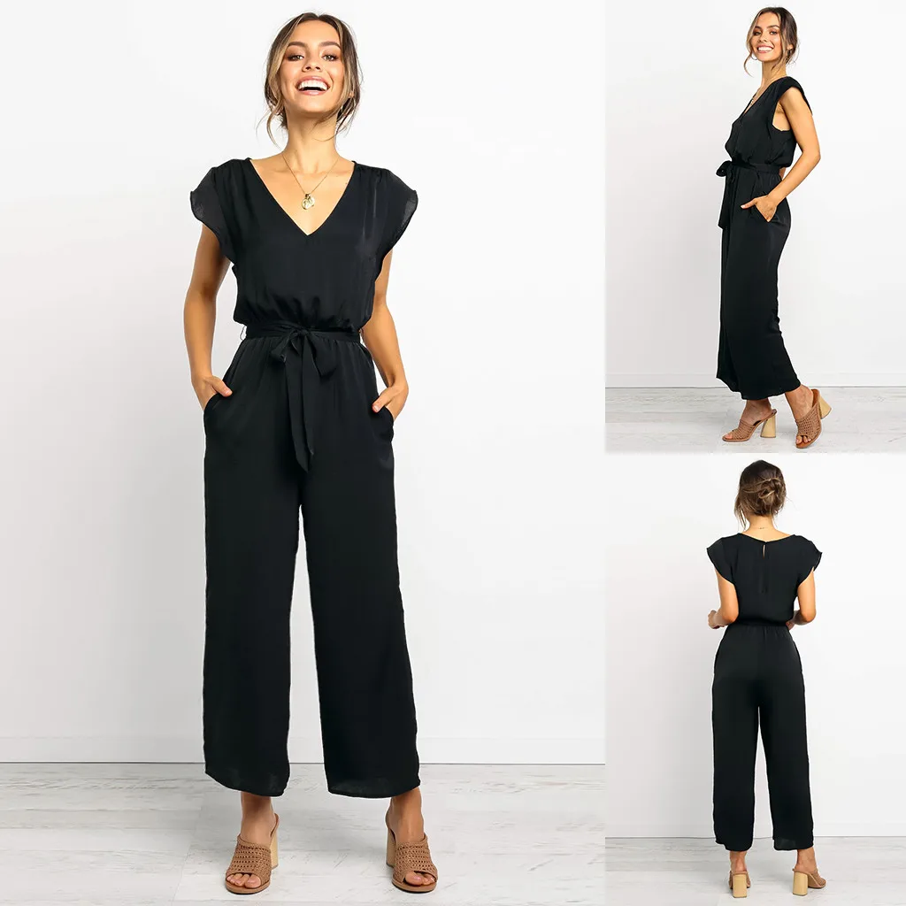 Womail Fashion комбинезон женский короткий рукав сплошной боди на шнуровке с v-образным вырезом повязки комбинезон с поясом для женщин; Прямая поставка May29