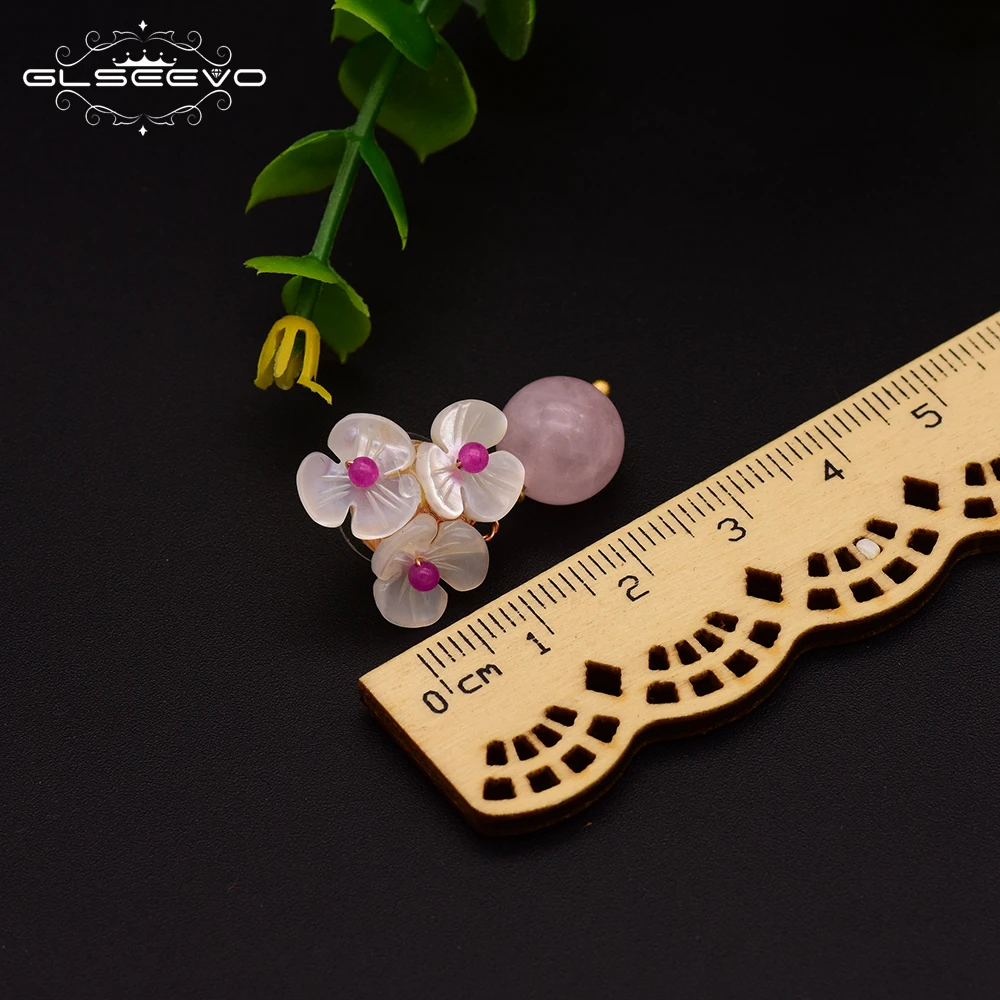 

GLSEEVO Natural Pink Round Crystal Drop Earrings Women Shell Flower Fresh Water Pearl Dangle Earrings 925s Jewelry Brinco GE0043