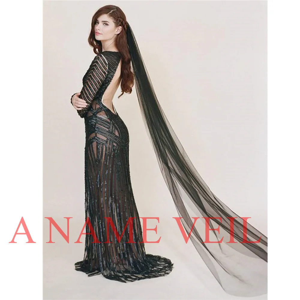 Однослойная длинная Соборная черная свадебная фата с гребнем фатиновая вуаль