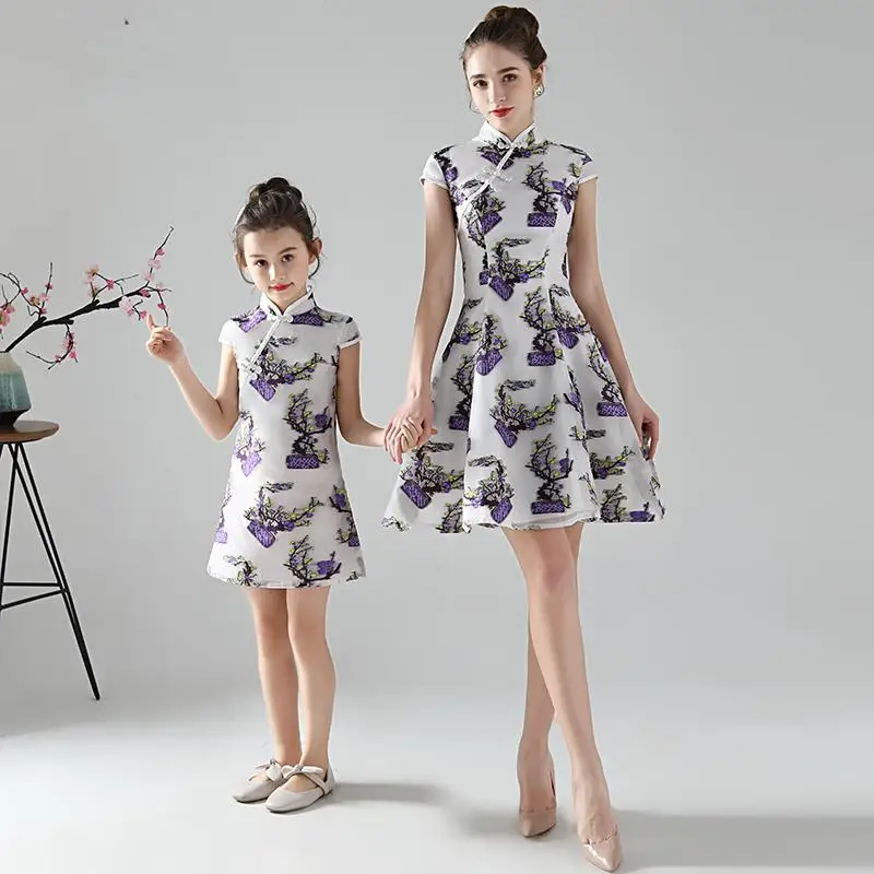 Платье Qipao для мамы и дочки платье Ципао с цветочной вышивкой вечерние платья