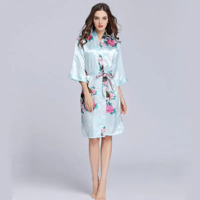Light blue Мода, женское атласное платье-кимоно на шнуровке с цветочным рисунком, платье с коротким рукавом, беби долл, для свадебной вечеринки, для подружки невесты, одежда для сна, Новинка - Цвет: Light blue
