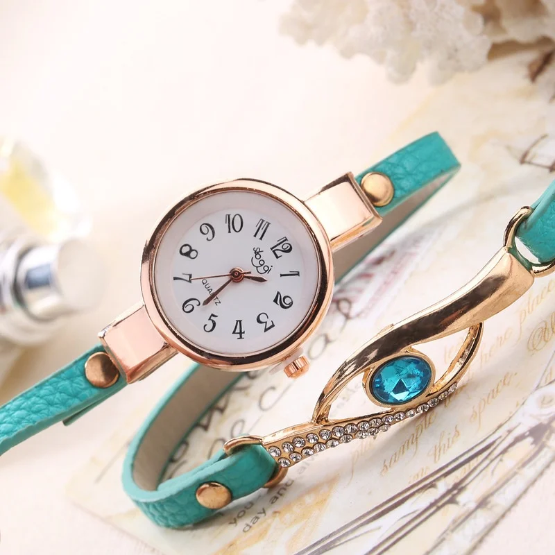 Богемия Для женщин моды кристалла кожаный ремешок Кварцевые шпагат наручные