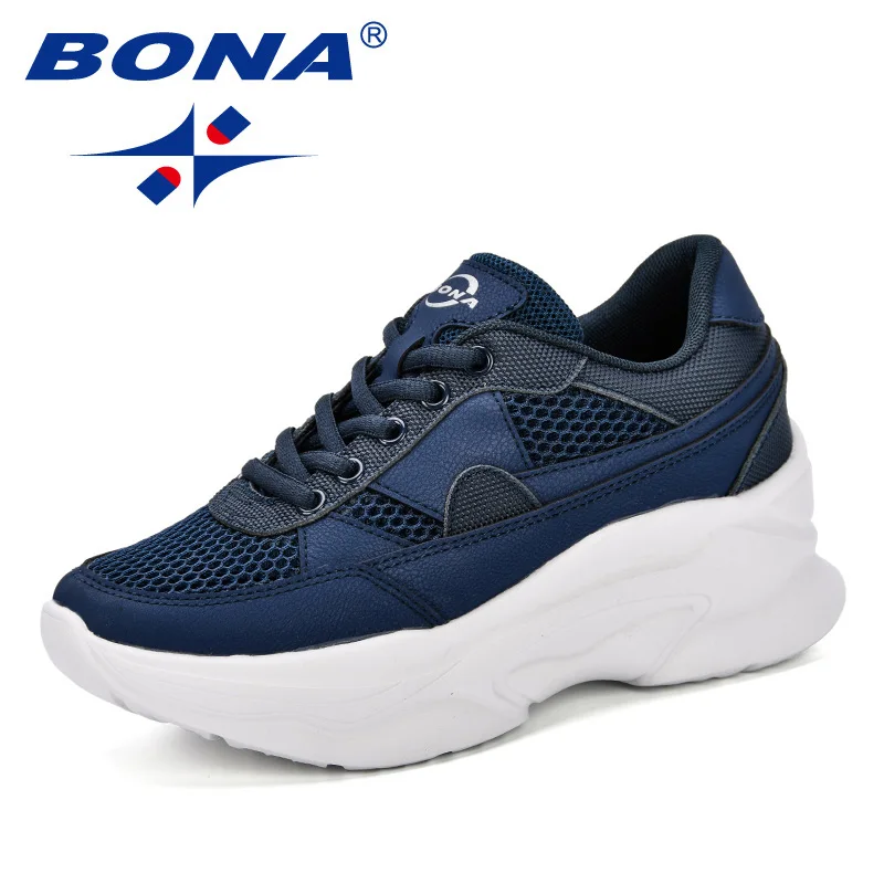 Deep blue BONA/; женская повседневная обувь из дышащей сетки; вулканизированные женские модные кроссовки на шнуровке; удобная мягкая обувь для отдыха - Цвет: Deep blue