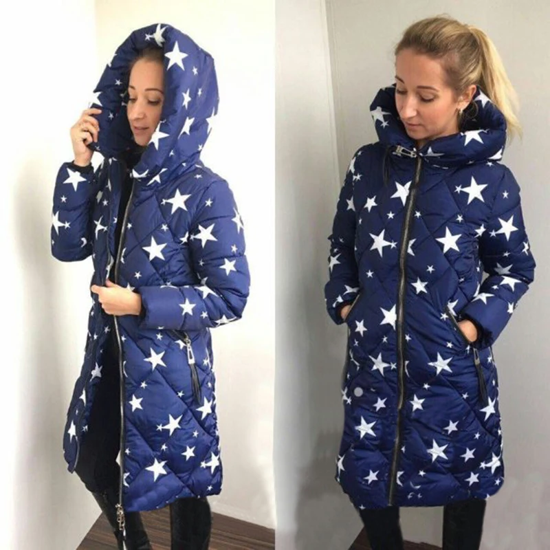 fashion style zipper long solid wide-waisted standard full regular sleeve print star thick pockets overcoats parkas | Женская одежда