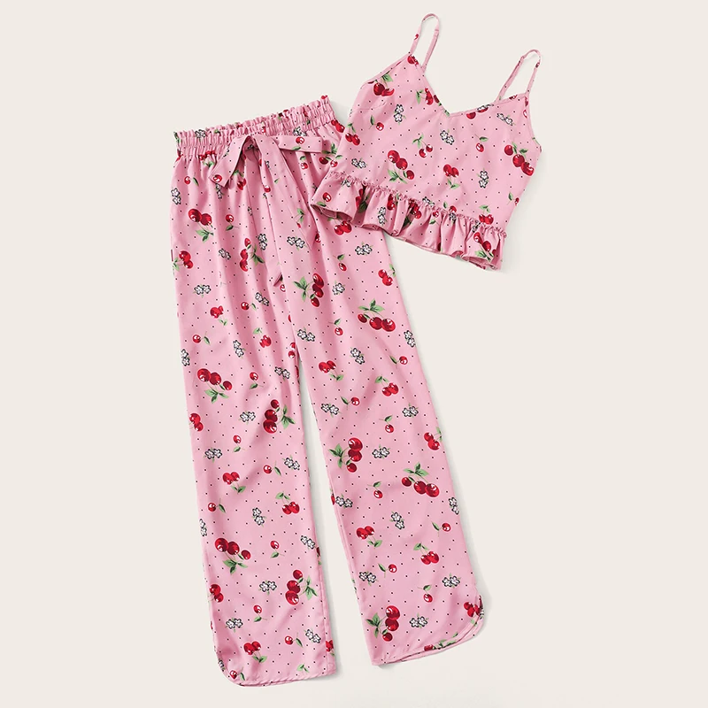 SHEIN розовый топ на бретельках с принтом вишни и бумажный мешок, длинные штаны, женские пижамные комплекты, летний Повседневный пижамный комплект без рукавов