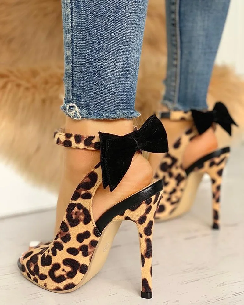Woman Sexy Leopard Print Super Thin High Heeled Sandals Buckle Ankle Strap Peep Toe Female Sandal Pumps