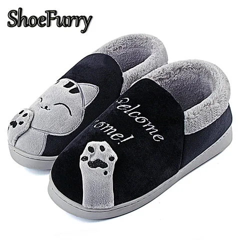 SZJ-BMZ Black ShoeFurry/хлопковая обувь с рисунком кота; мужские зимние домашние тапочки; нескользящая домашняя обувь; мужские теплые плюшевые тапочки для спальни; Утепленная обувь - Цвет: SZJ-BMZ Black