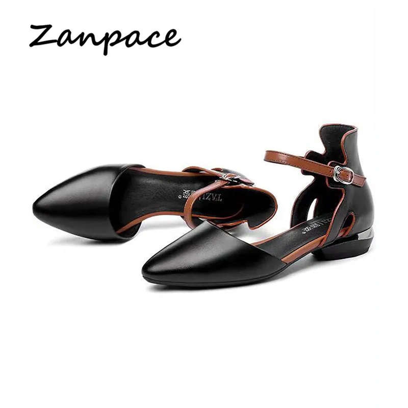 Женские кожаные сандалии гладиаторы Zanpace Летние низкие с острым носком офисные