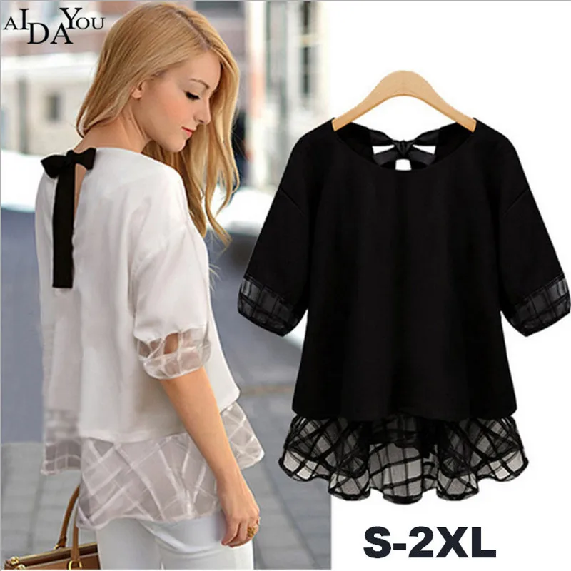 Мода лук для женщин лето плюс размеры блузка выдалбливают Половина с пышными