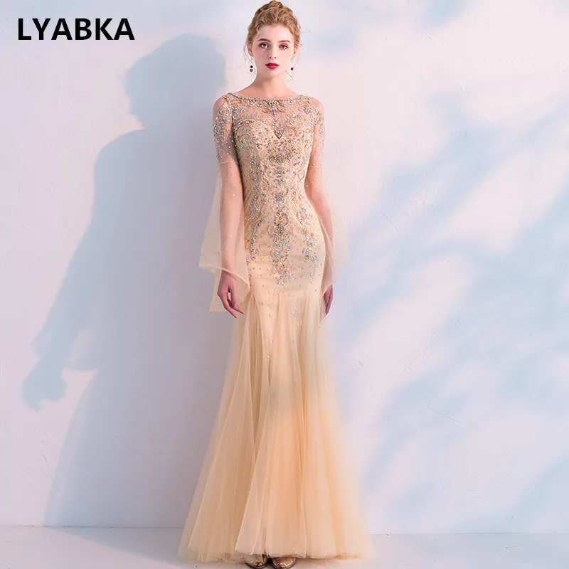 Сексуальное вечернее платье с глубоким вырезом 2019 длинным рукавом и бусинами