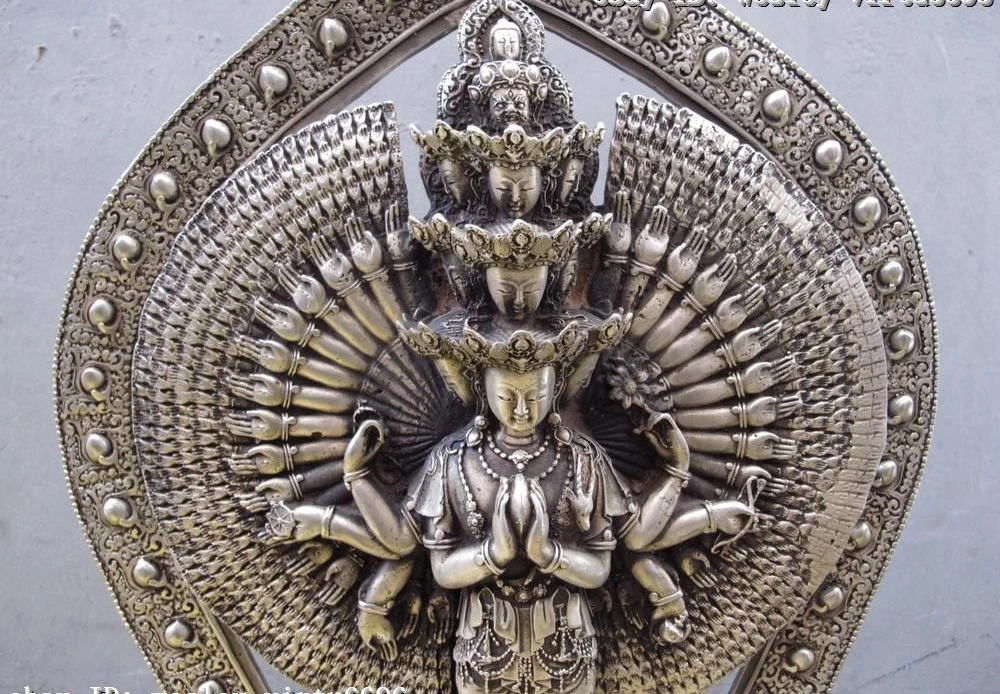 Тибетская белая медная серебряная статуя 11-faced Avalokitesvara Guan Yin Kwan-yin | Дом и сад