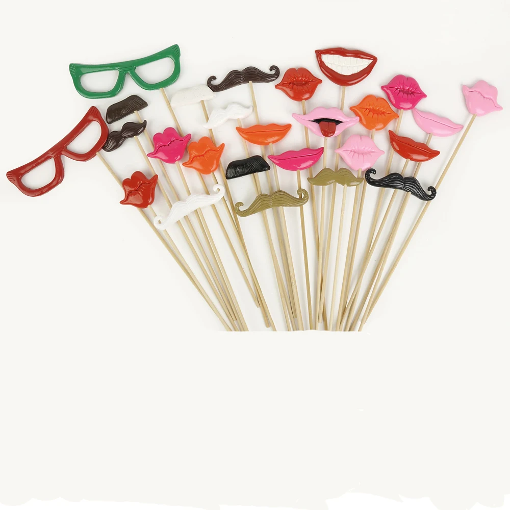 

26pcs/set Handmade Polymer Clay Photo Booth Props For Wedding/Party Glasses Moustache Lips on a stick