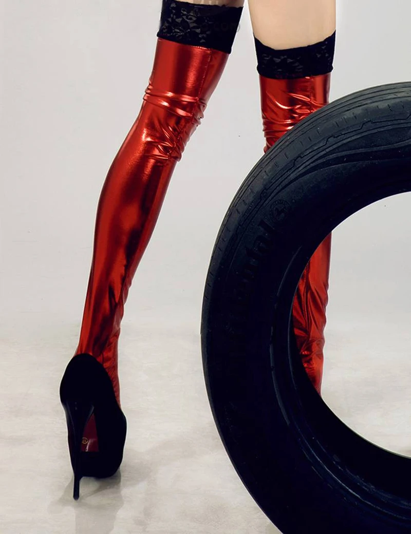 Черные/красные/Серебристые глянцевые пикантные женские черные чулки с