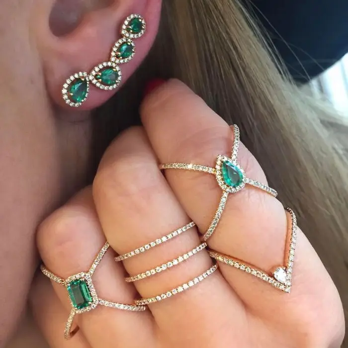 blue green tear drop cz long criss cross X ring full finger band fashion jewelry