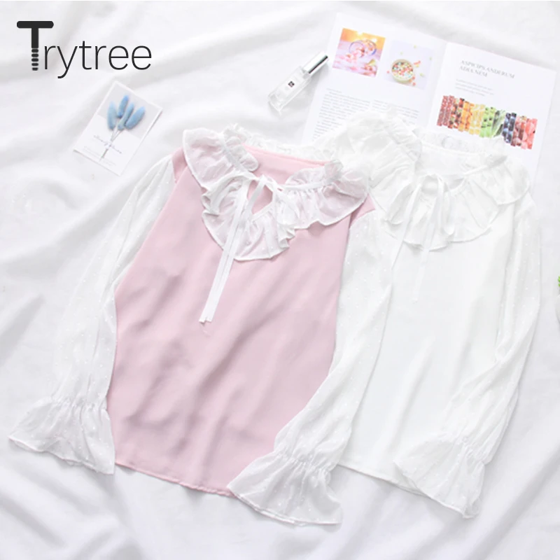 Ttytree лето осень тонкие блузки с рукавом-бабочкой Повседневная рубашка для женщин гофрированный воротник шелковистые Топы Розовые белые офисные женские рубашки