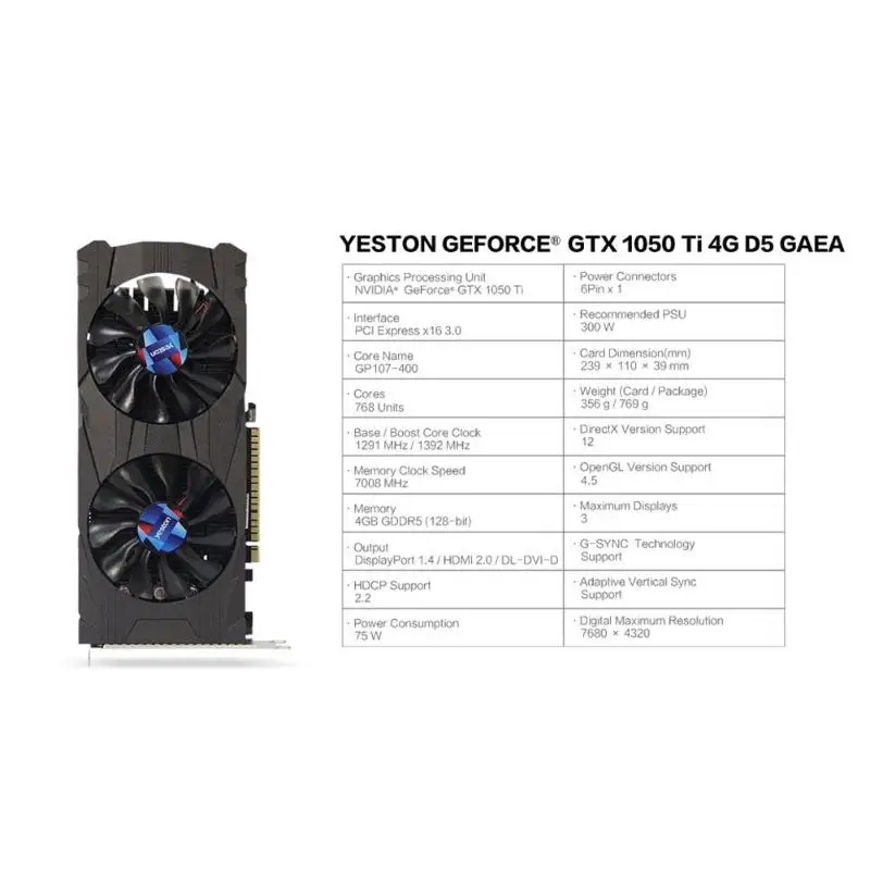 Yeston GTX1050Ti 4G GDDR5 видеокарта 1392 МГц 128 бит Настольный ПК игровая видеокарта для NVIDIA Pascal MFAA DSR Gaming VXGI 6PIN