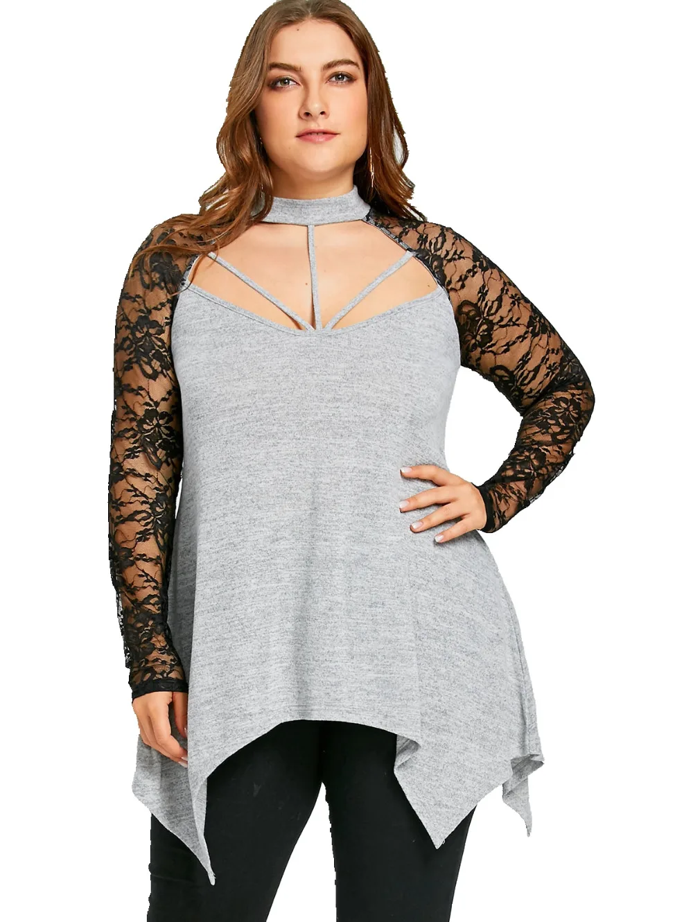2018 готические 5xl плюс Размеры пикантные Кружево trim Cut Out блузка Для женщин рукавом