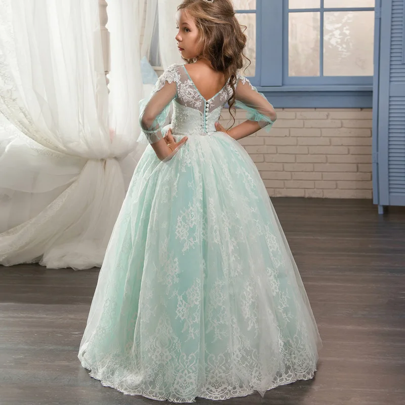 Новинка 2018 детская одежда кружевное бальное платье с длинным рукавом и круглым