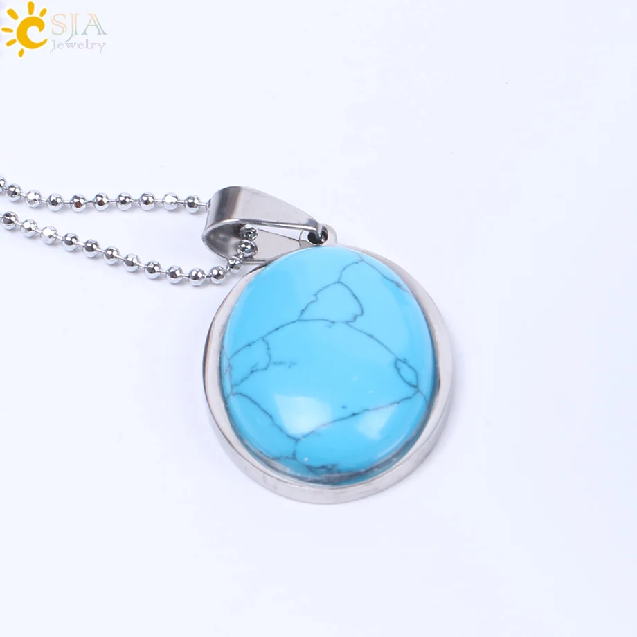 Blue Turquoise Chain CSJA натуральный камень бусины в форме яйца Ожерелья Подвески Розовый кварц зеленый авантюрин лазурит тигровый глаз рейки ювелирные изделия F133 - Окраска металла: Blue Turquoise Chain