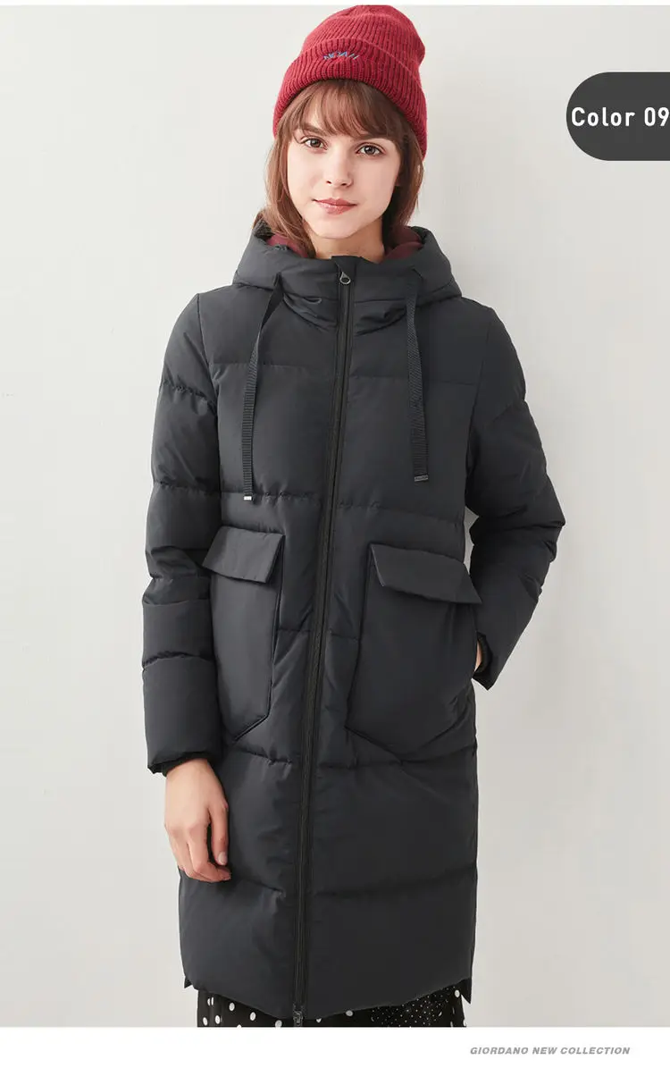 Giordano женский пуховик с длинным подолом и съемным капюшоном, Из натурального утиного пуха