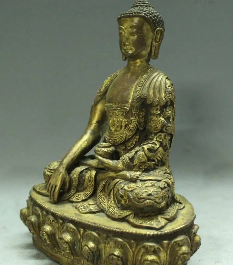 Tibet Bronze 24K Gold Dragon Shakyamuni Amitabha Buddha Sakyamuni Statue |