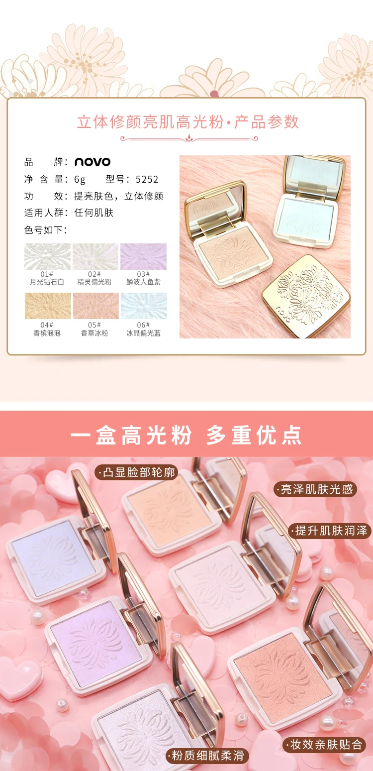 Novo запеченный хайлайтер палитра polar brighten color 6 г водонепроницаемый стойкий фиолетовый золотой мерцающий металлический хайлайтер BN118