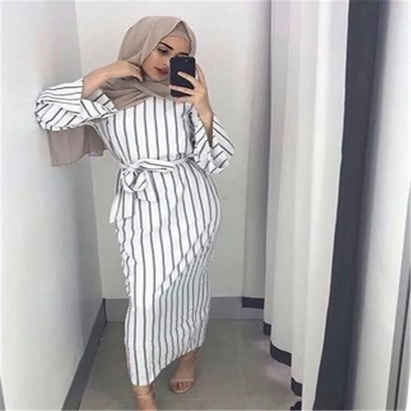 Новая мода полосатый одноцветное Цвет долго мусульманское платье Для женщин