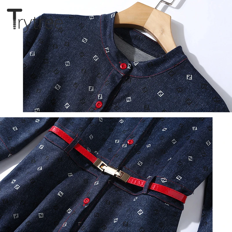 Trytree летнее осеннее платье джинсовое повседневное ТРАПЕЦИЕВИДНОЕ женское темно