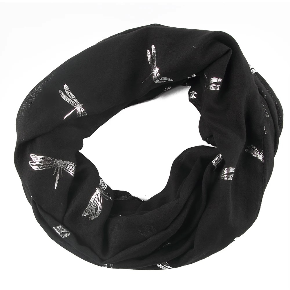 

Winfox 2019 Spring Summer Women Snood Scarf Black White Sky Blue Dragonfly Foil Sliver Neck Scarves Loop Ring Scarfs Ladies