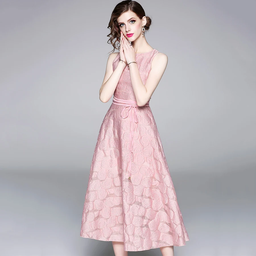 Элегантное жаккардовое розовое летнее платье 2019 Новое модное женское без