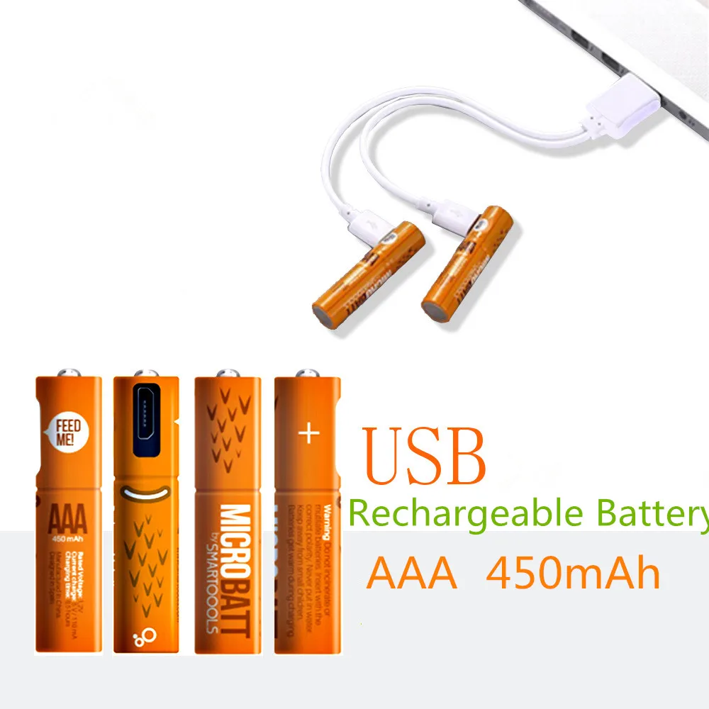 2 шт./лот Новый 1 В AAA аккумуляторная батарея 450 мАч USB ni mh с кабелем Micro для