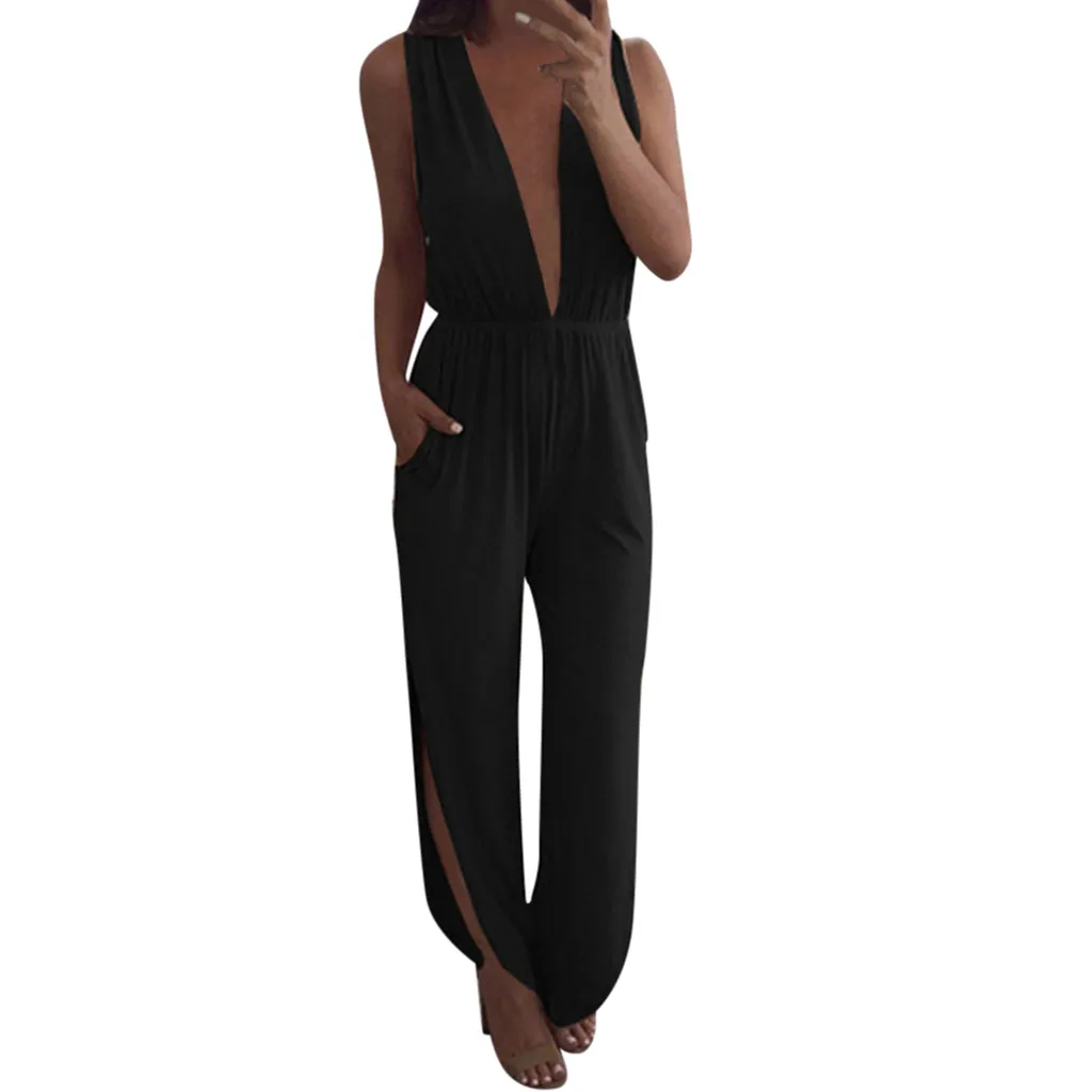 Женский комбинезон без рукавов Jun повседневный однотонный с глубоким v-образным