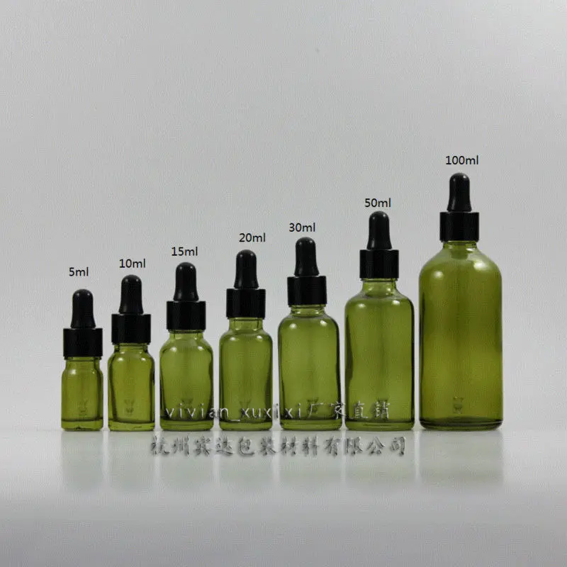

10ml olive green Glass Essential Oil Bottle With aluminum (black ring+black rubber) dropper cap. Essential Oil Container