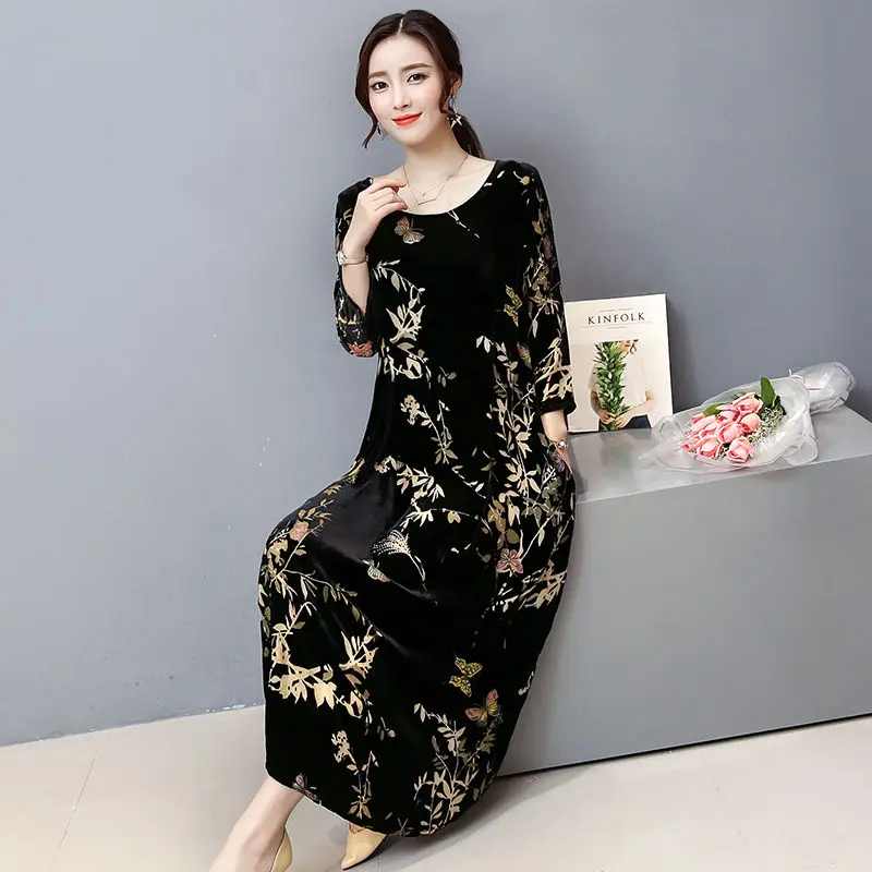 Plus Size 4XL Vintage Autumn Winter Dress Women Retro Print Gold Velvet Long Fashion T-Shirt Dresses RE2198 | Женская одежда