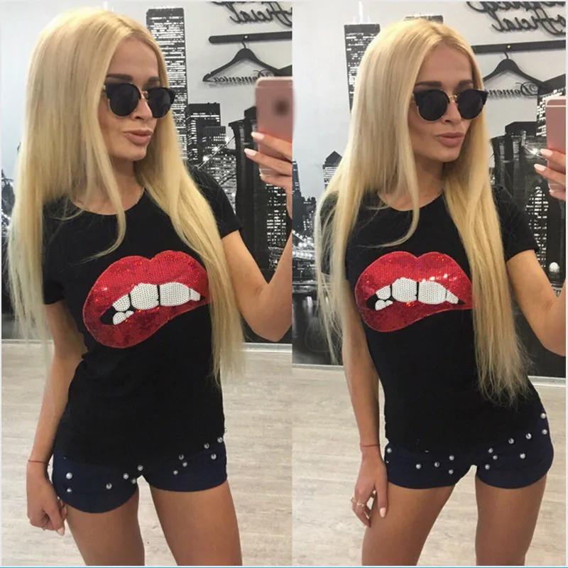 Новые популярные хлопковые женские футболки сексуальный топ с блестками для губ
