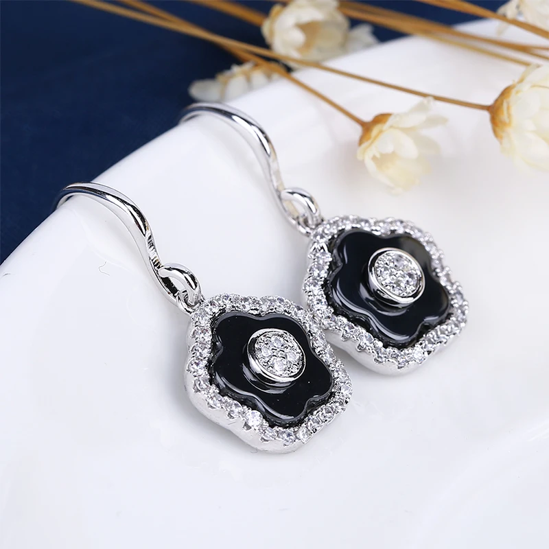 TUHE New Vintage Black Ceramic Earrings Rose Gold Silver Flower Shape With One Row Bling Crystal Women Drop Wedding | Украшения и
