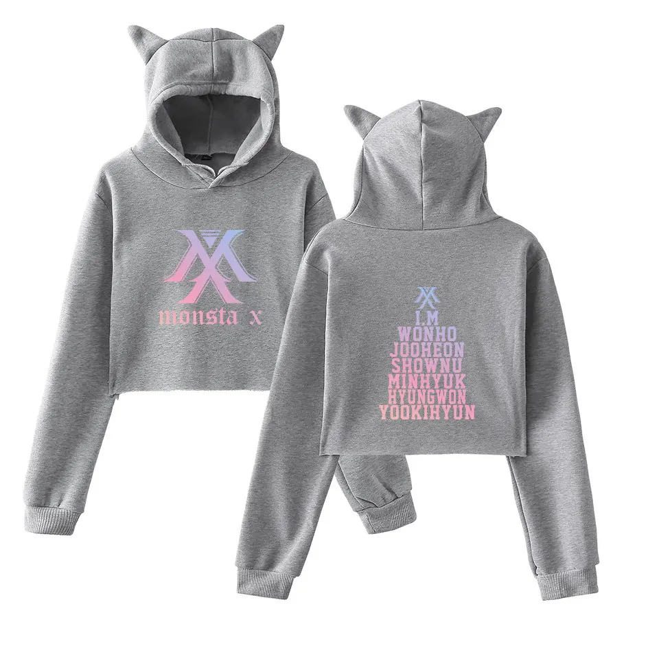 Kpop MONSTA X укороченный топ Kawaii шапка с кошачьими ушками толстовки для женщин