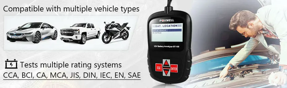FOXWELL BT100 Pro 12 V автомобиль Батарея тестер для свинцово кислотная лавинно AGM гель 12 вольт Автомобильный цифровой Батарея анализатор 100-1100CCA