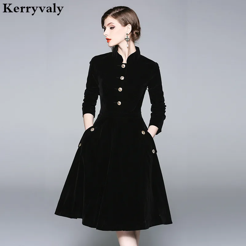 Vestido, платье размера плюс, женское, 3XL, зимние Бархатные платья Zomerjurken,, Dames, длинный рукав, черное, офисное, Ретро стиль, вечерние платья, K8858