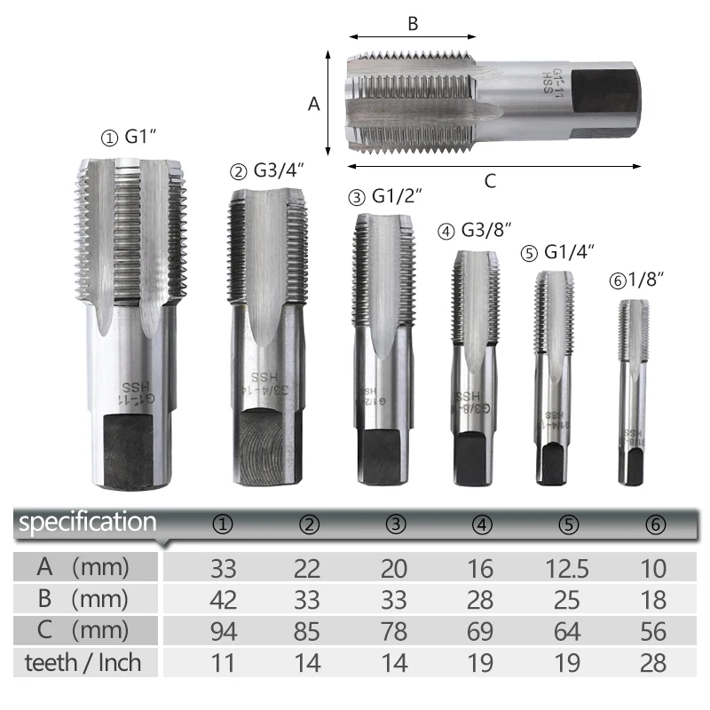 Tuberías machuelos G1/8-G1 pulgadas tornillo de toque HSS 55 grados tubería toque roscado herramienta