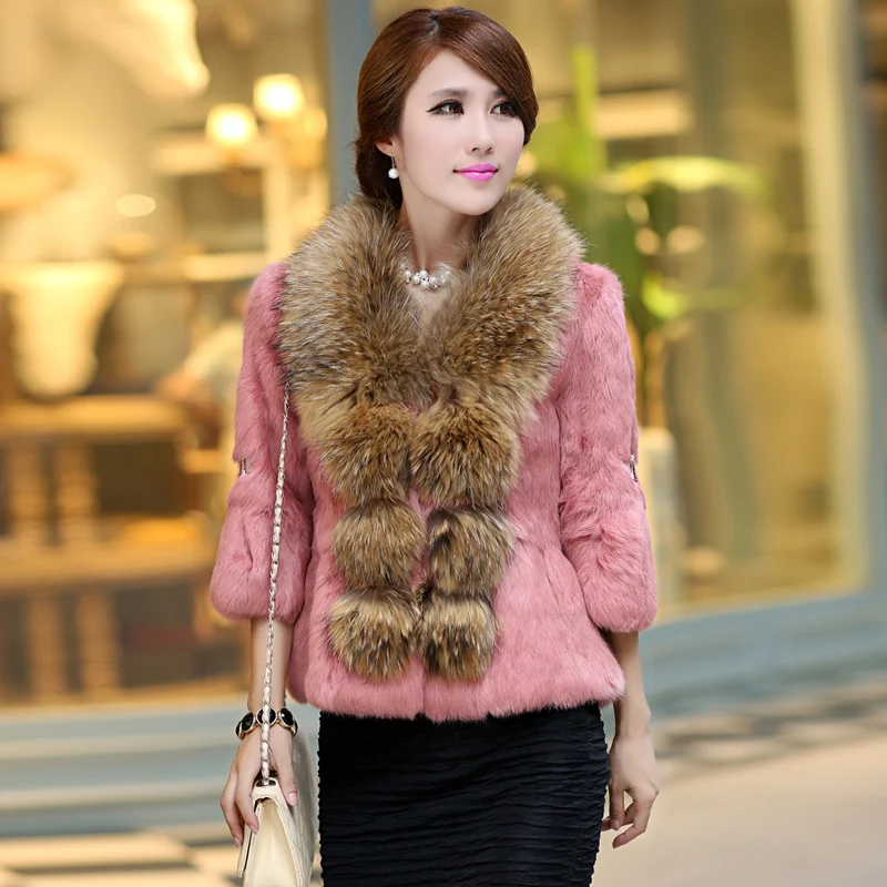 Женская куртка из натурального кроличьего меха с рукавом три четверти и